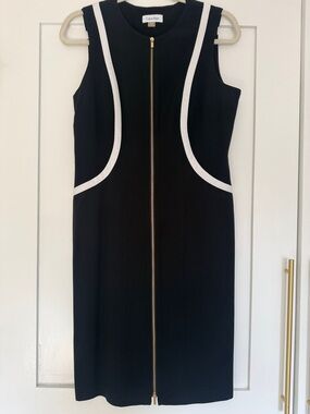 Calvin Klein Black Midi Sheath Dress with White Piping